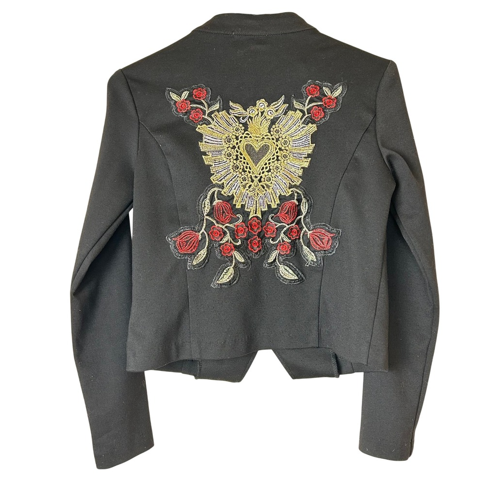 HAVE Black Cropped Blazer Jacket Sacred Heart Rose Embroidered Goth Asymmetric S